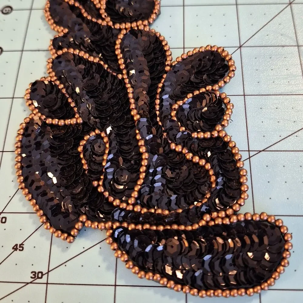 Black Gold Sequin and Bead Applique Left and Right Pair